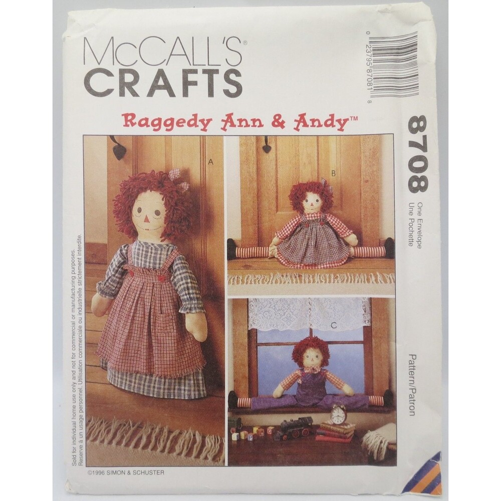 McCall's Crafts 8708 Raggedy Ann Andy Doll Doorstop Draftbuster 16" 22" 1990s